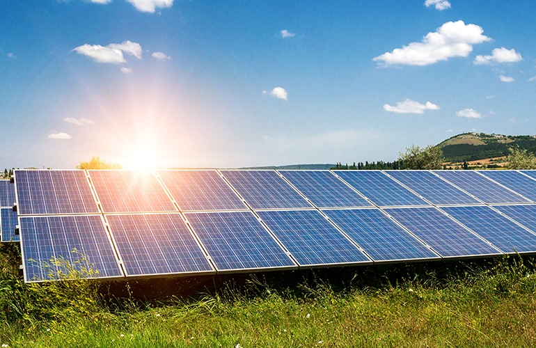 painéis solares em solo gramado, de frente com céu azul e luz do sol ao fundo